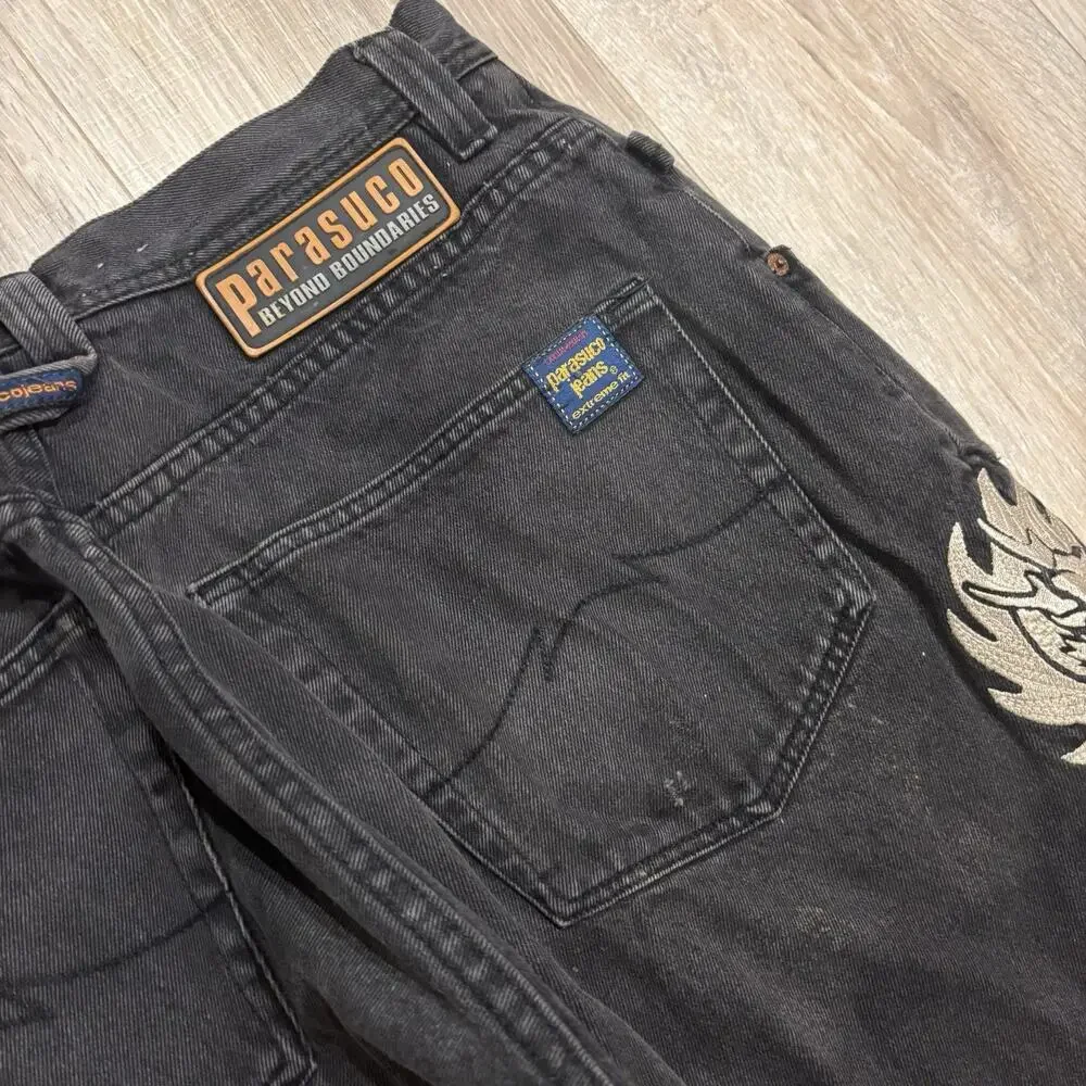 Vintage Parasuco Jeans Mens 34x30 Black Denim Baggy Dragon Embroidered Y2K JNCO
